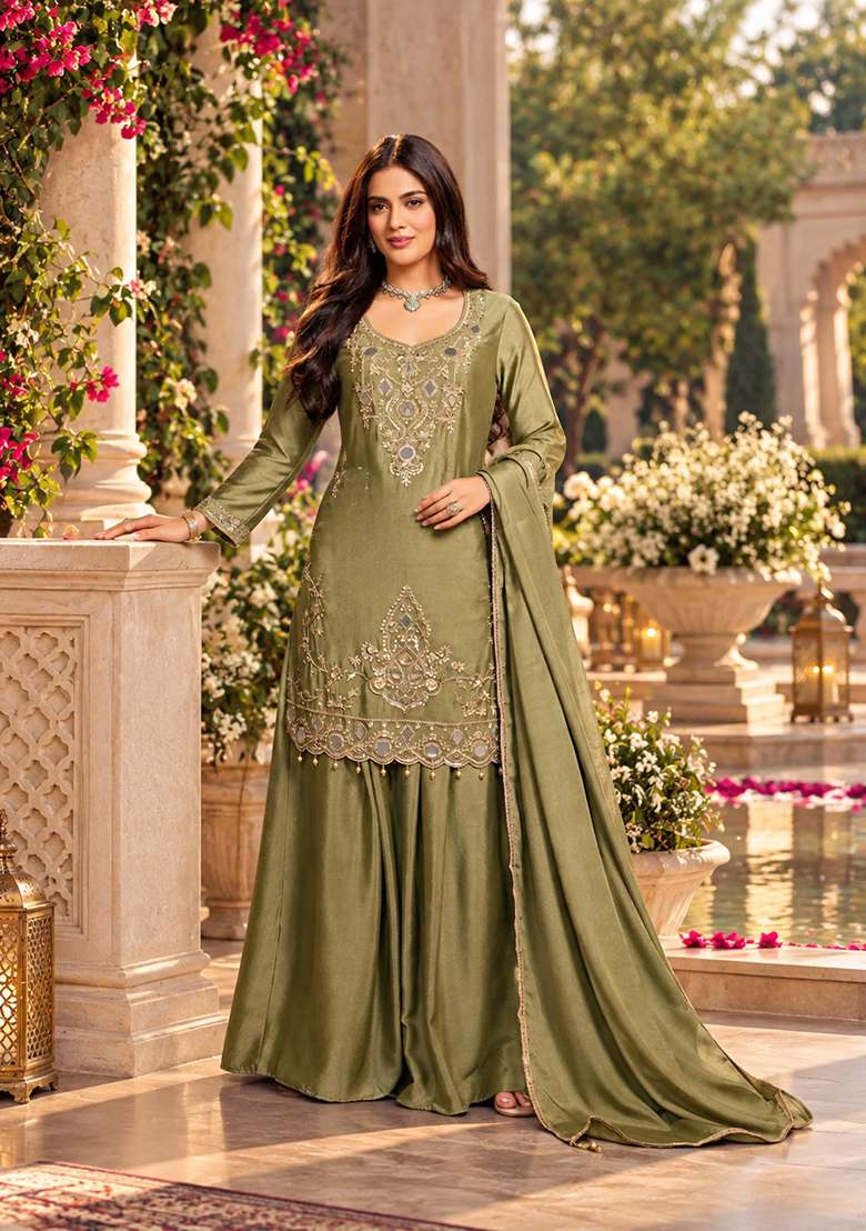 Green Kurta Pant Dupatta Set in Pure Chinon with Mirror Work and Hand Embroidery - Indya