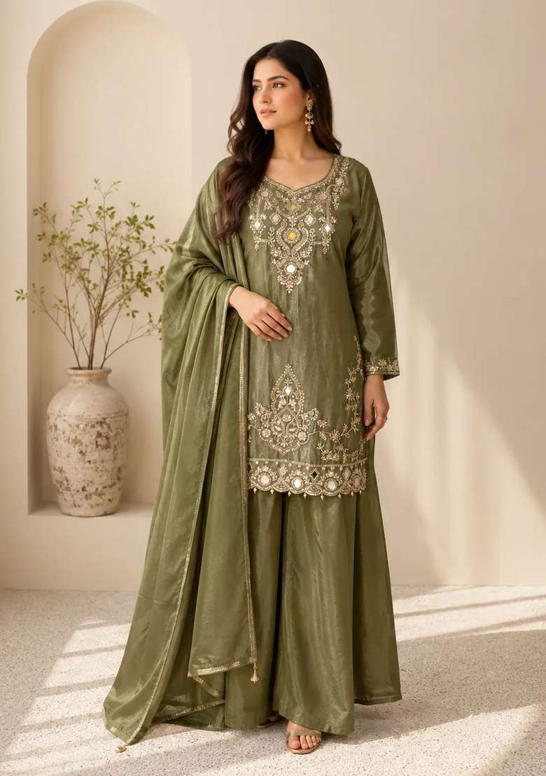 Green Kurta Pant Dupatta Set in Pure Chinon with Mirror Work and Hand Embroidery - Indya