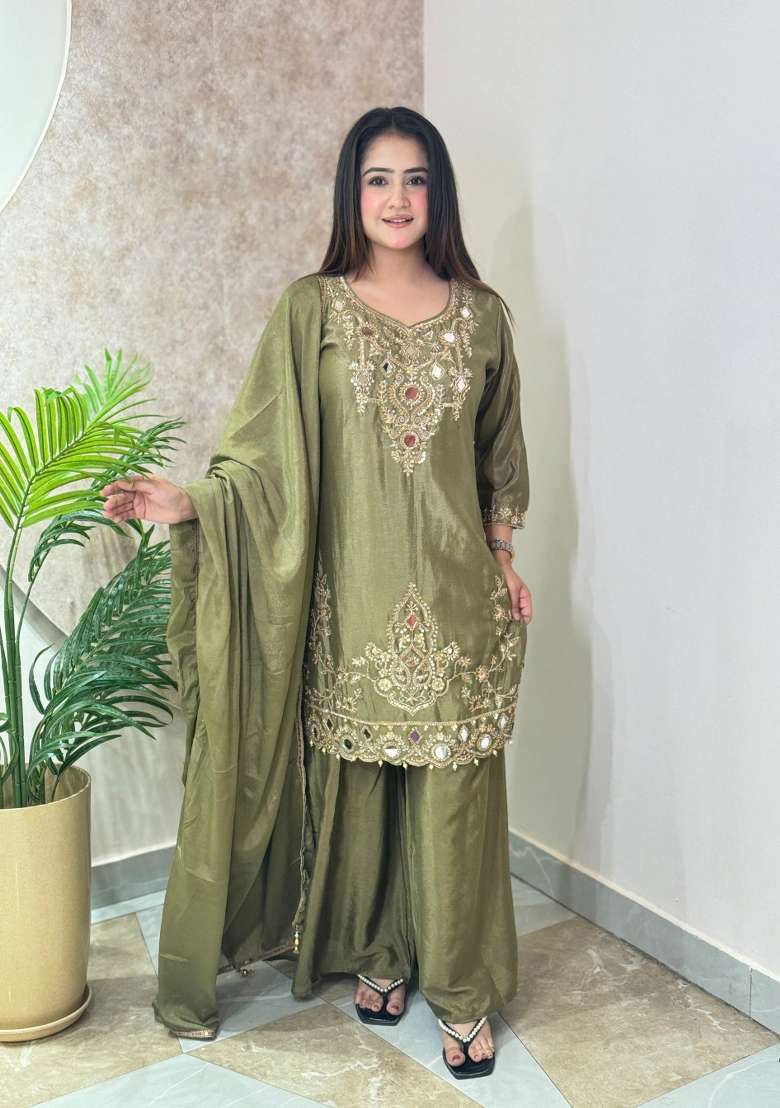 Green Kurta Pant Dupatta Set in Pure Chinon with Mirror Work and Hand Embroidery - Indya