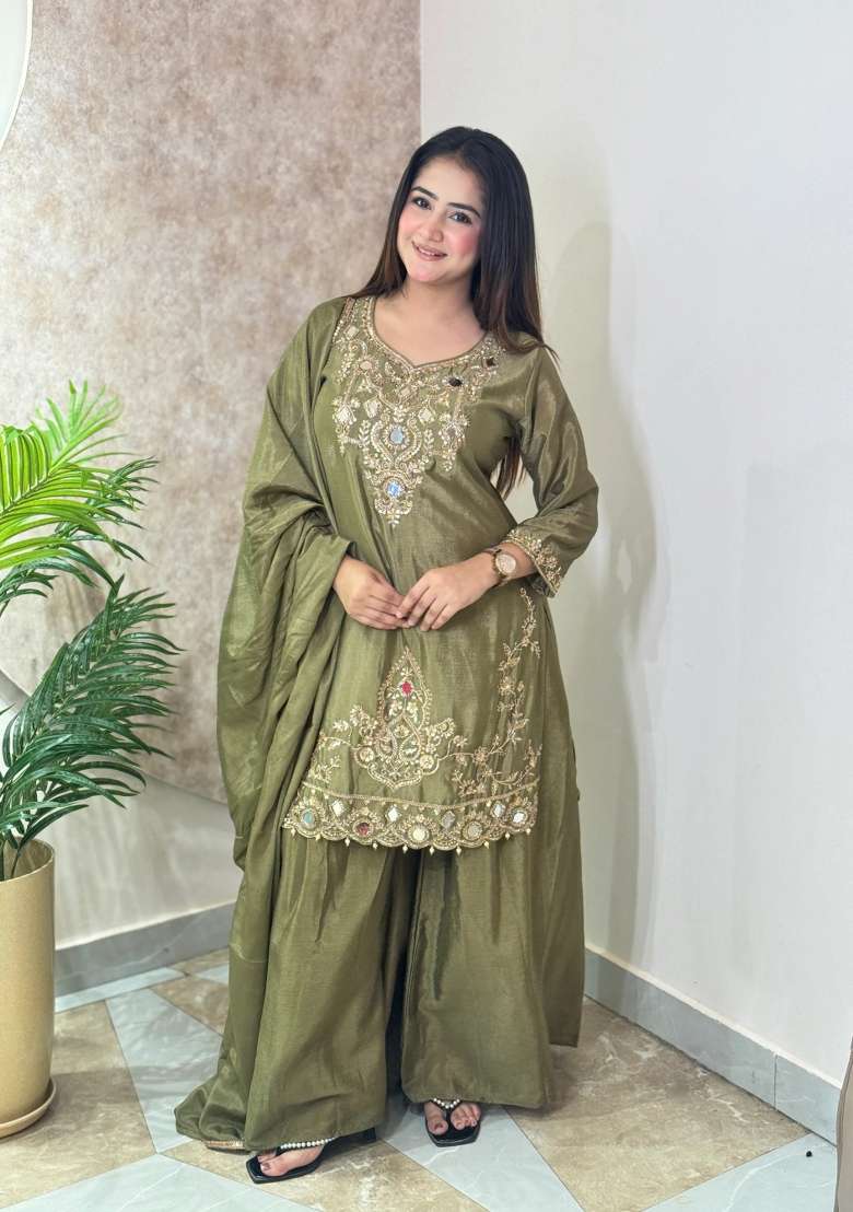 Green Kurta Pant Dupatta Set in Pure Chinon with Mirror Work and Hand Embroidery - Indya