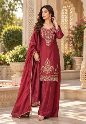 Cherry Red Kurta Pant Dupatta Set in Pure Chinon with Mirror Work and Hand Embroidery