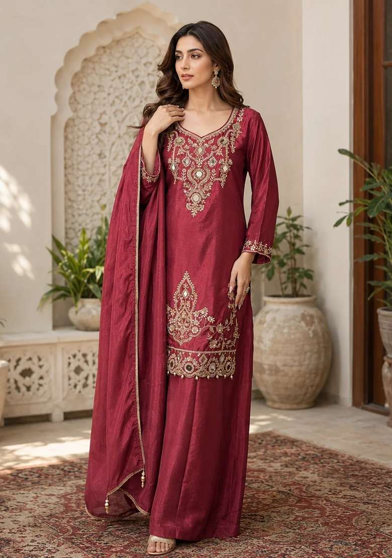 Cherry Red Kurta Pant Dupatta Set in Pure Chinon with Mirror Work and Hand Embroidery - Indya