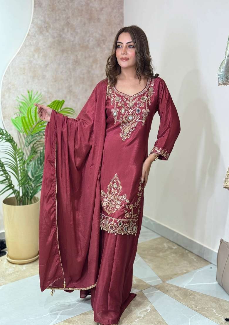Cherry Red Kurta Pant Dupatta Set in Pure Chinon with Mirror Work and Hand Embroidery - Indya