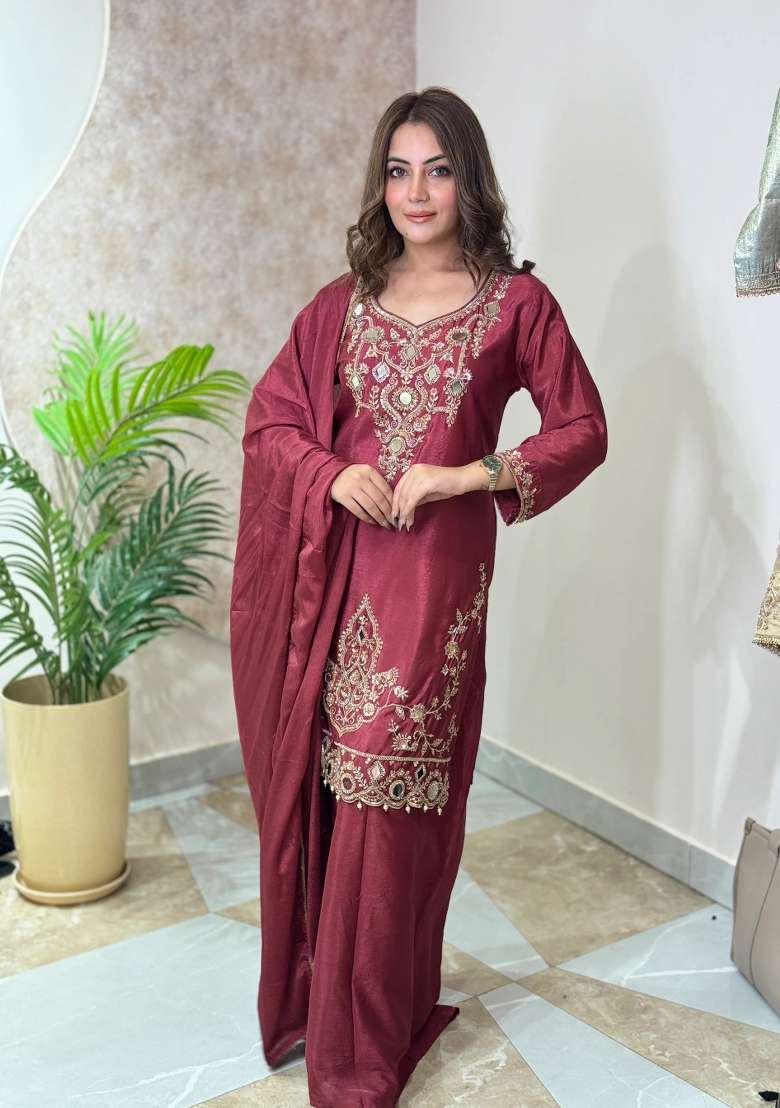 Cherry Red Kurta Pant Dupatta Set in Pure Chinon with Mirror Work and Hand Embroidery - Indya
