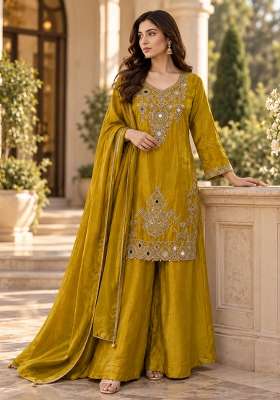 Mustard Kurta Pant Dupatta Set in Pure Chinon with Mirror Work and Hand Embroidery