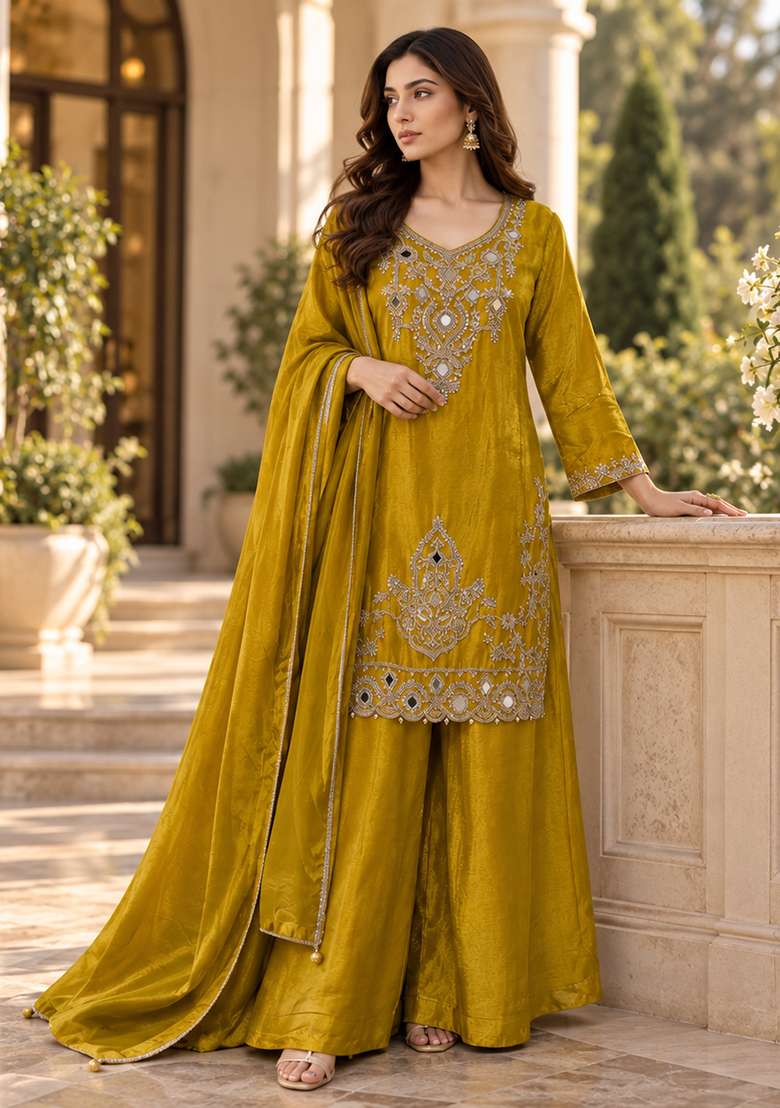 Mustard Kurta Pant Dupatta Set in Pure Chinon with Mirror Work and Hand Embroidery - Indya