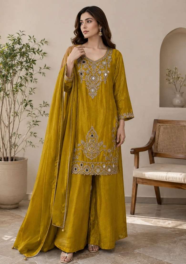 Mustard Kurta Pant Dupatta Set in Pure Chinon with Mirror Work and Hand Embroidery - Indya