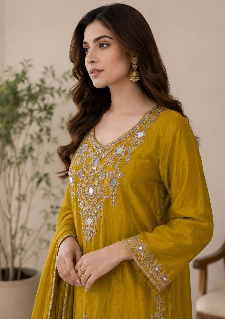 Mustard Kurta Pant Dupatta Set in Pure Chinon with Mirror Work and Hand Embroidery - Indya