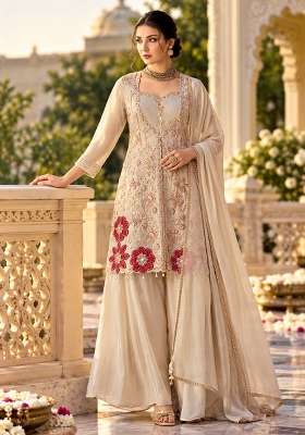 Off White Sharara Set in Pure Tissue with Hand Embroidery