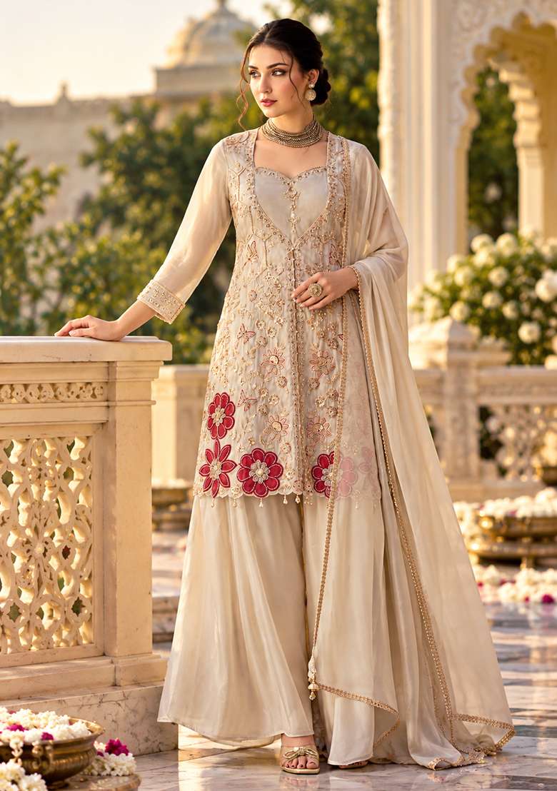 Off White Sharara Set in Pure Tissue with Hand Embroidery - Indya