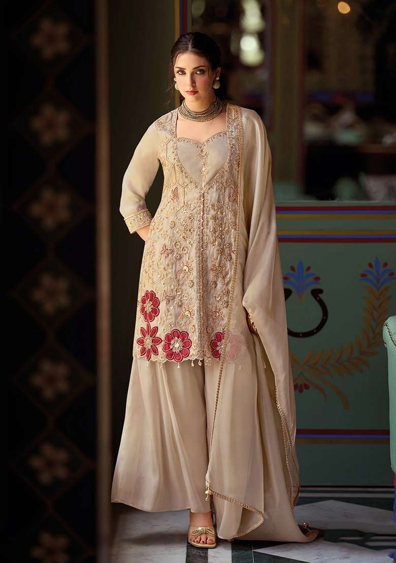 Off White Sharara Set in Pure Tissue with Hand Embroidery - Indya