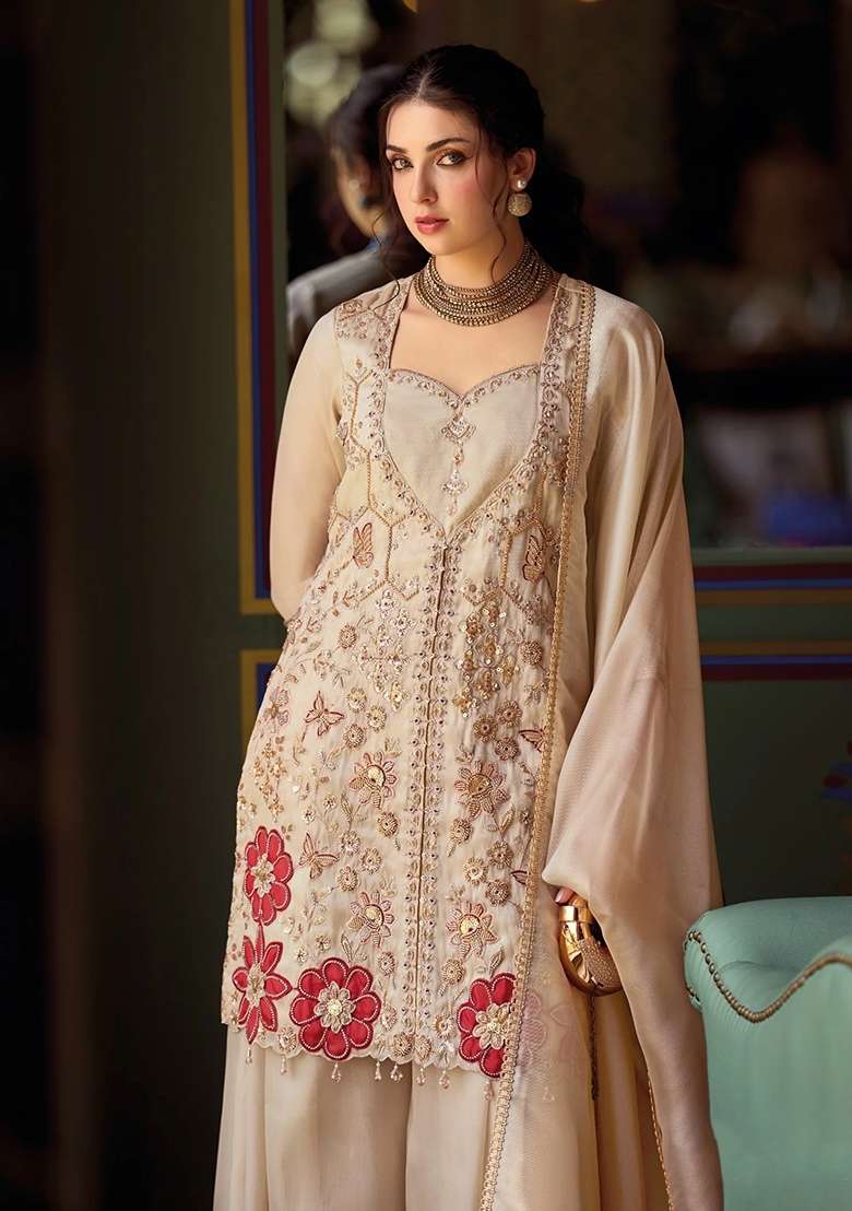 Off White Sharara Set in Pure Tissue with Hand Embroidery - Indya