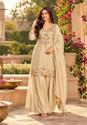 Off White Sharara Set in Pure Tissue with Hand Embroidered Kurta and Dupatta