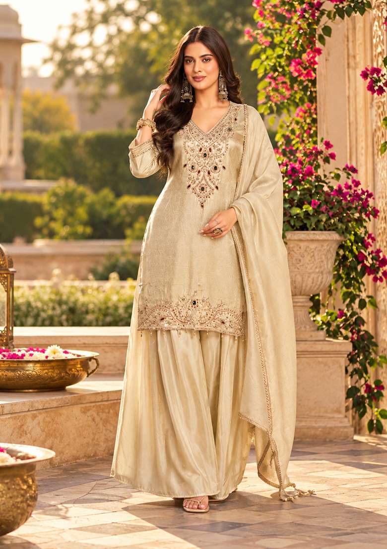 Off White Sharara Set in Pure Tissue with Hand Embroidered Kurta and Dupatta - Indya