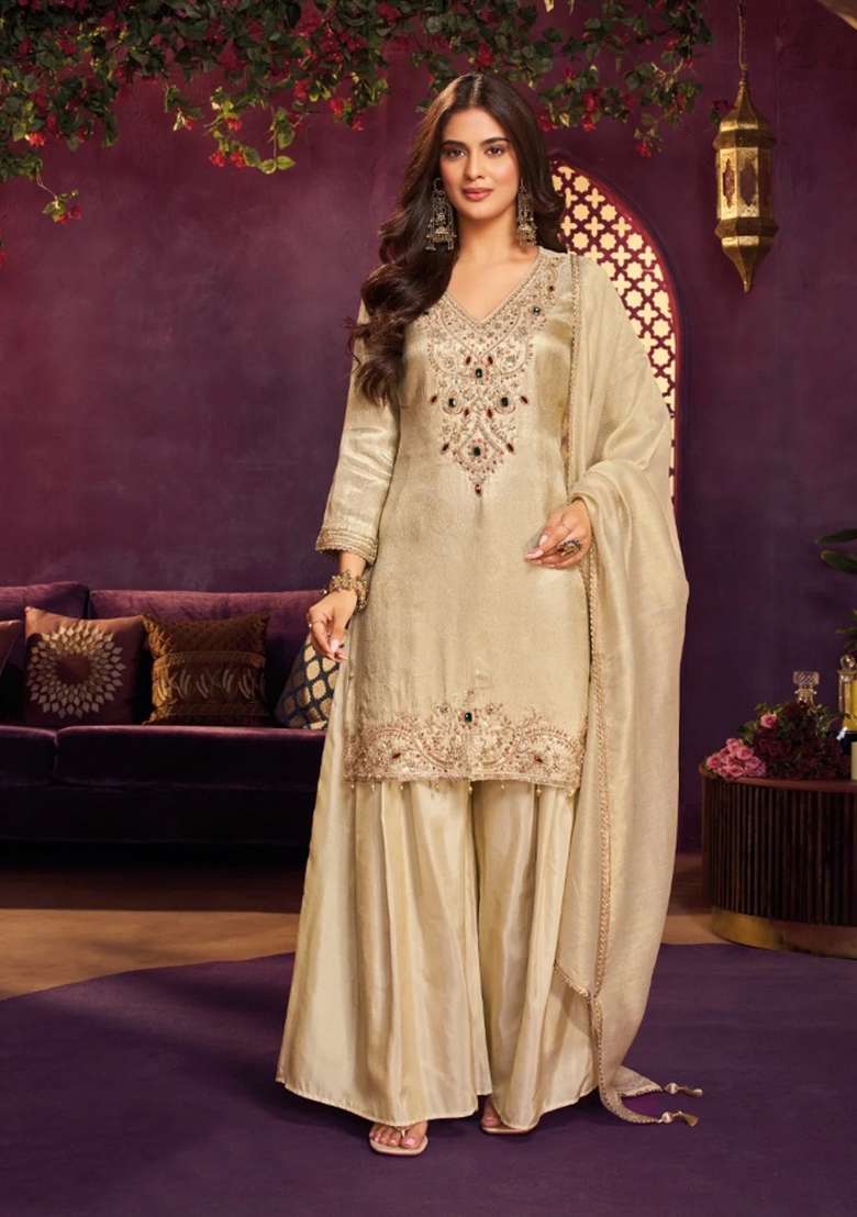 Off White Sharara Set in Pure Tissue with Hand Embroidered Kurta and Dupatta - Indya