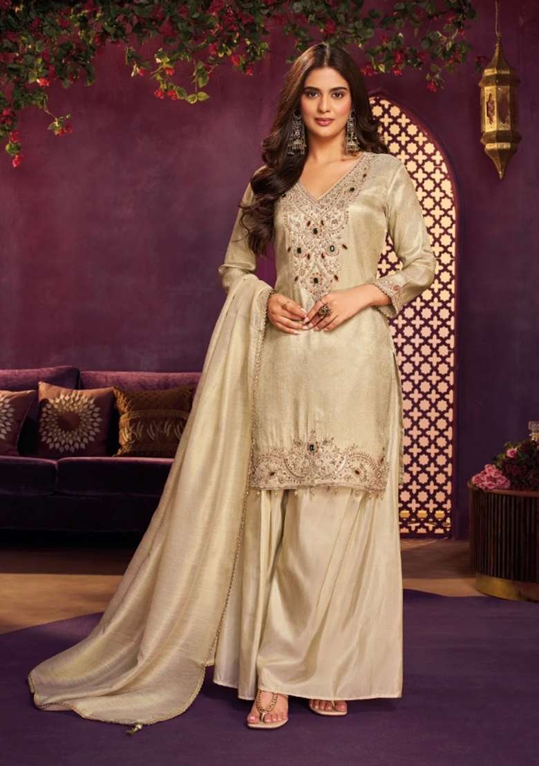 Off White Sharara Set in Pure Tissue with Hand Embroidered Kurta and Dupatta - Indya