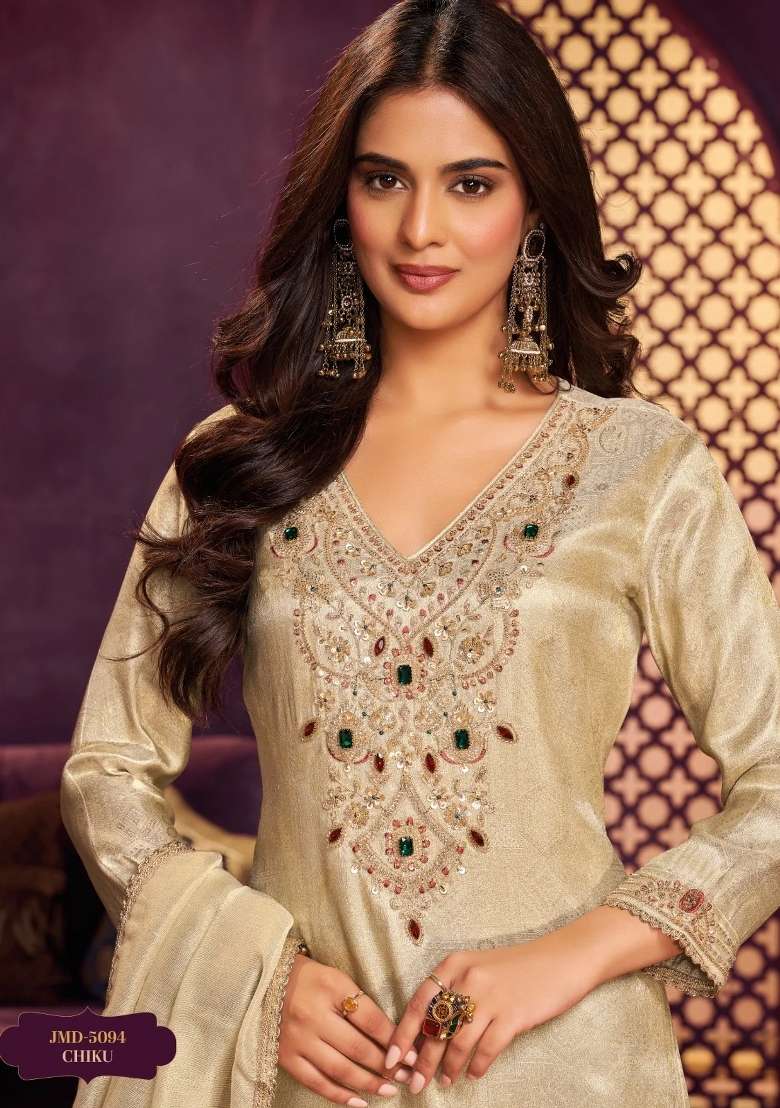 Off White Sharara Set in Pure Tissue with Hand Embroidered Kurta and Dupatta - Indya