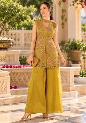 Mustard Kurta Pant Dupatta Set in Pure Chinon with Hand Embroidery