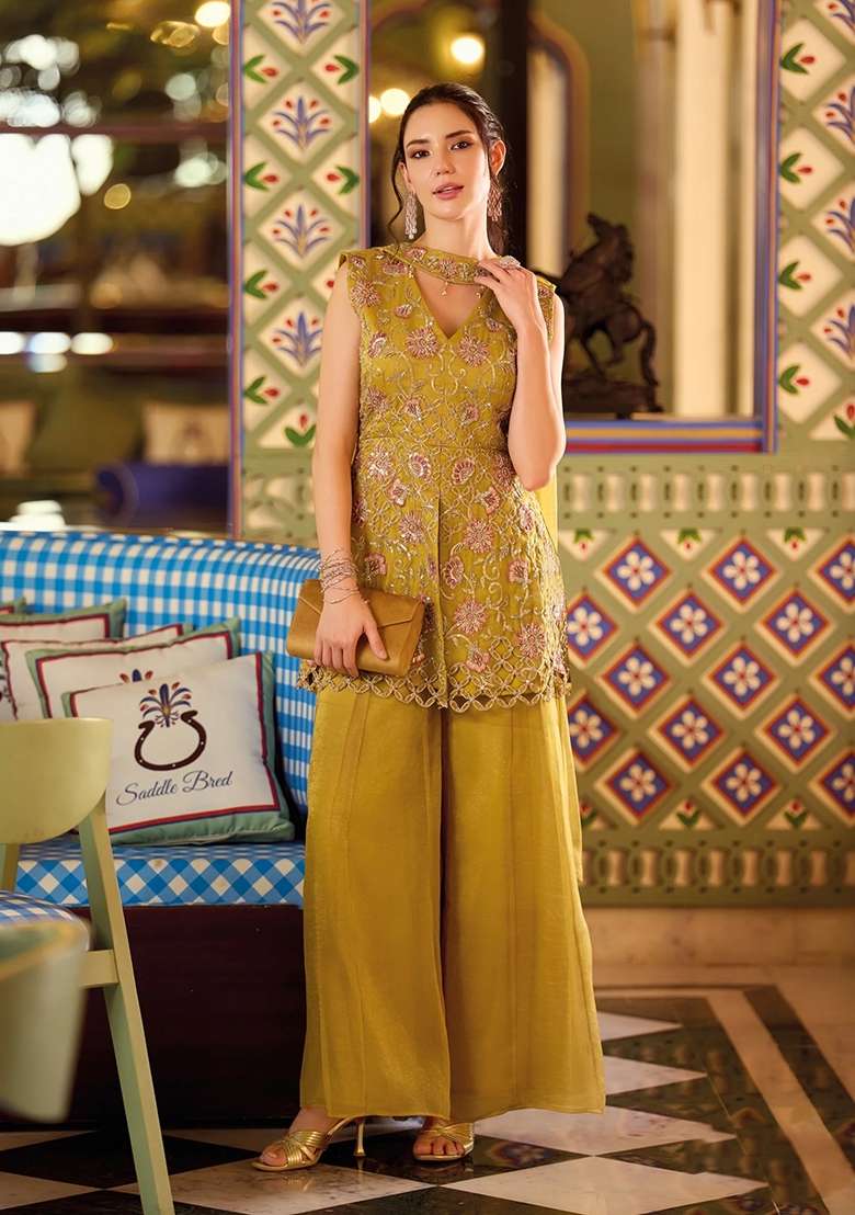 Mustard Kurta Pant Dupatta Set in Pure Chinon with Hand Embroidery - Indya