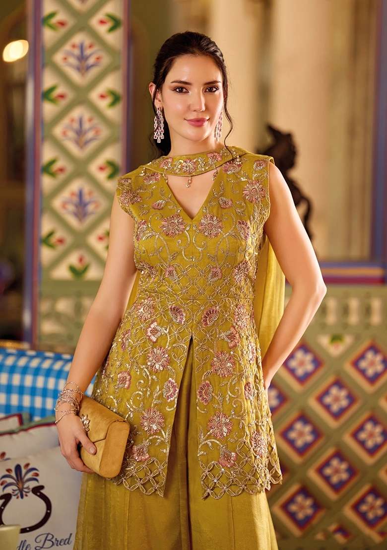 Mustard Kurta Pant Dupatta Set in Pure Chinon with Hand Embroidery - Indya