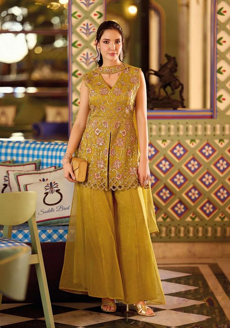 Mustard Kurta Pant Dupatta Set in Pure Chinon with Hand Embroidery - Indya