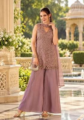 Dusty Pink Kurta Pant Dupatta Set in Pure Chinon with Hand Embroidery