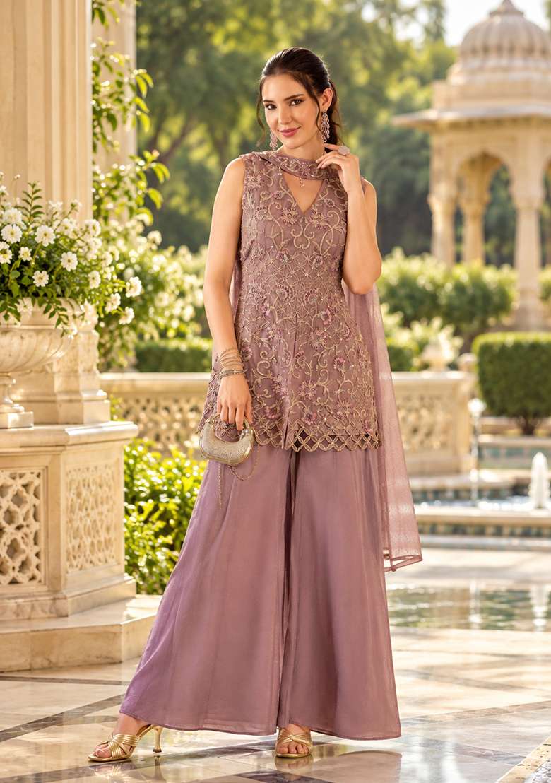Dusty Pink Kurta Pant Dupatta Set in Pure Chinon with Hand Embroidery - Indya