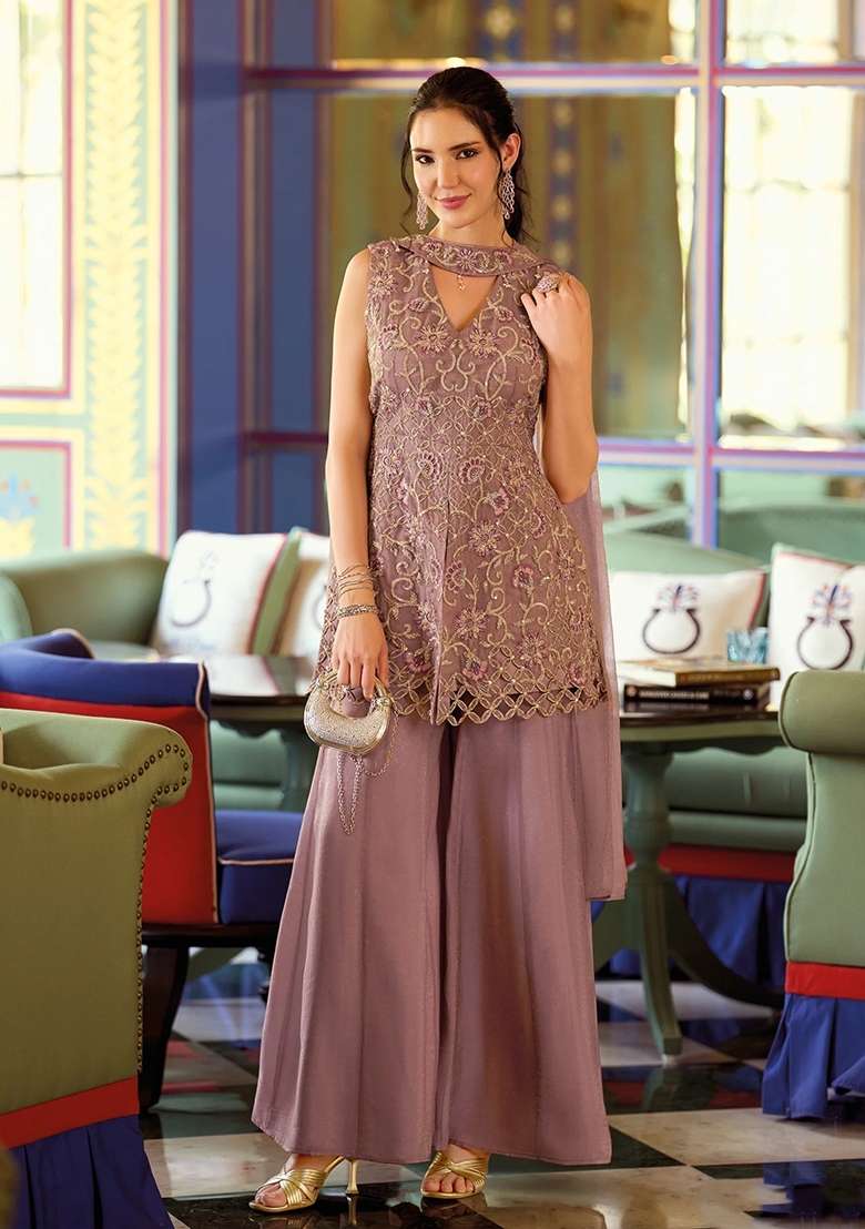 Dusty Pink Kurta Pant Dupatta Set in Pure Chinon with Hand Embroidery - Indya
