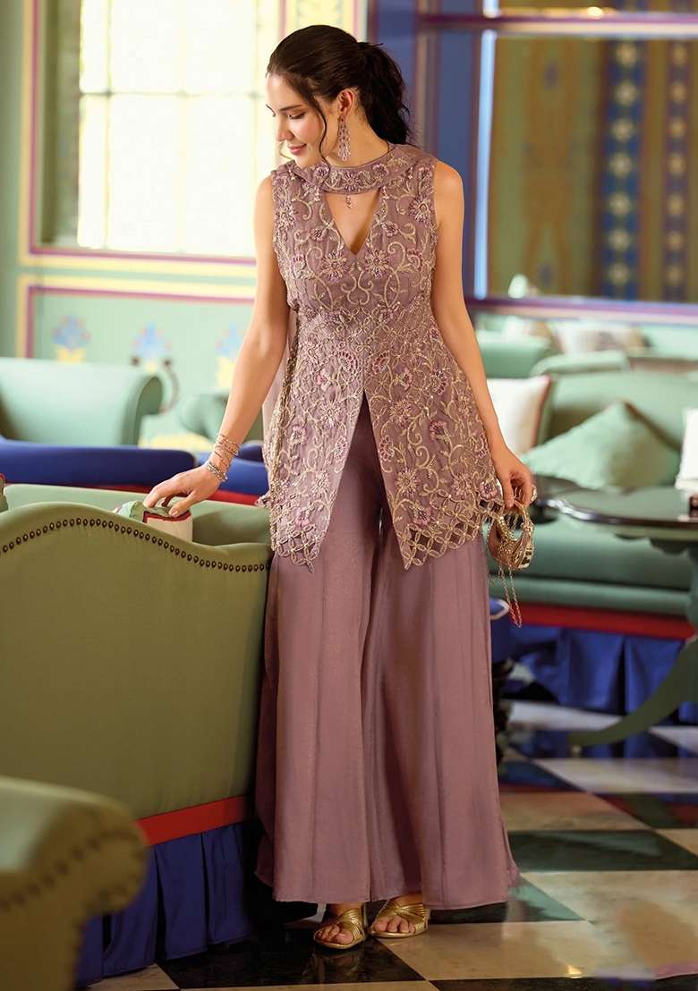 Dusty Pink Kurta Pant Dupatta Set in Pure Chinon with Hand Embroidery - Indya