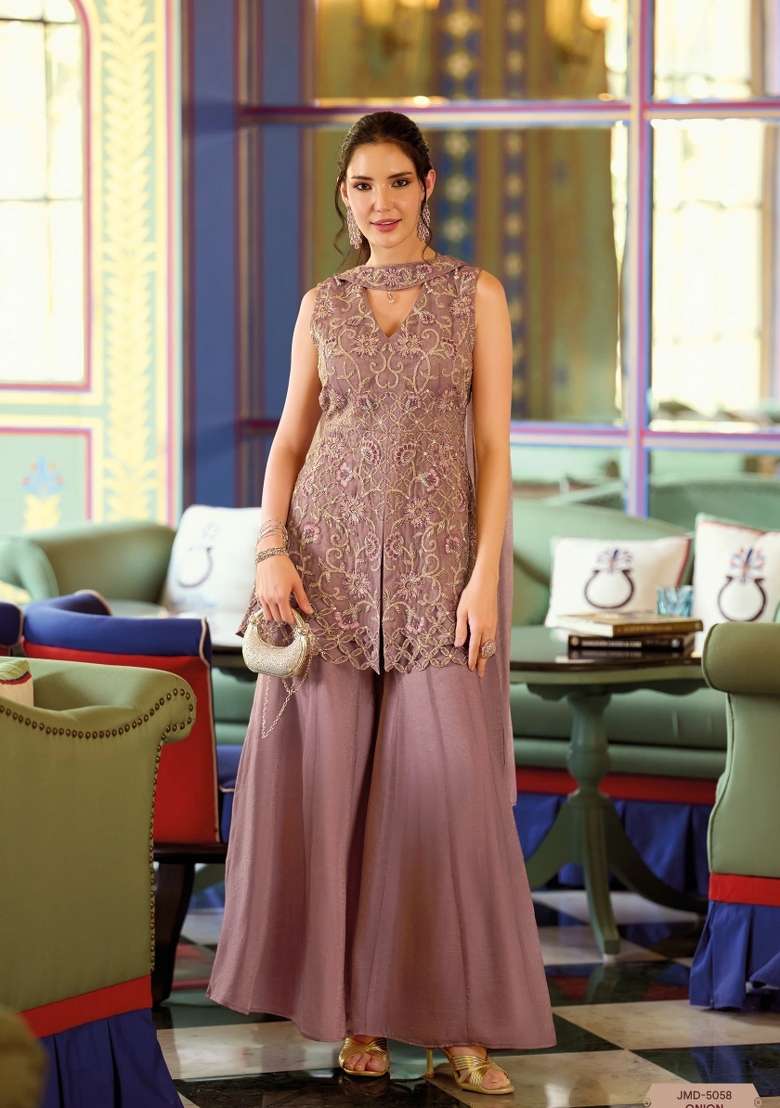Dusty Pink Kurta Pant Dupatta Set in Pure Chinon with Hand Embroidery - Indya