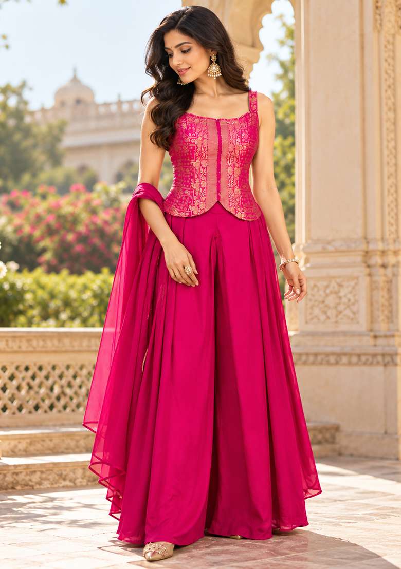 Hot Pink Indo Western in Pure with Hand Crepe Dress with Embroidery for Diwali | Wedding & Festive Wear - Indya