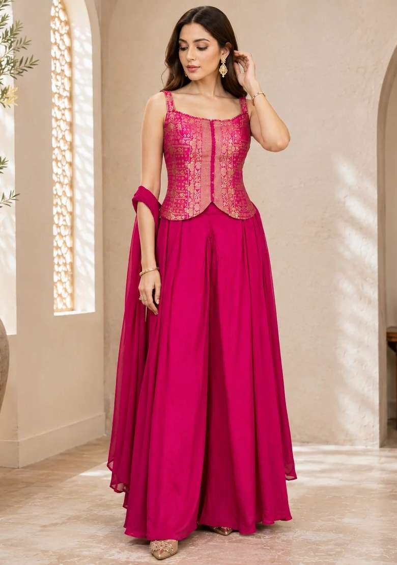 Hot Pink Indo Western in Pure with Hand Crepe Dress with Embroidery for Diwali | Wedding & Festive Wear - Indya