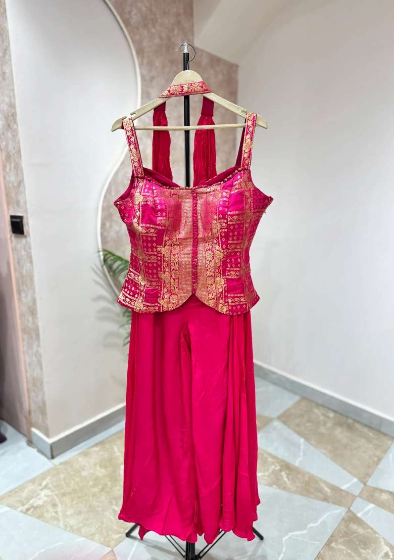 Hot Pink Indo Western in Pure with Hand Crepe Dress with Embroidery for Diwali | Wedding & Festive Wear - Indya