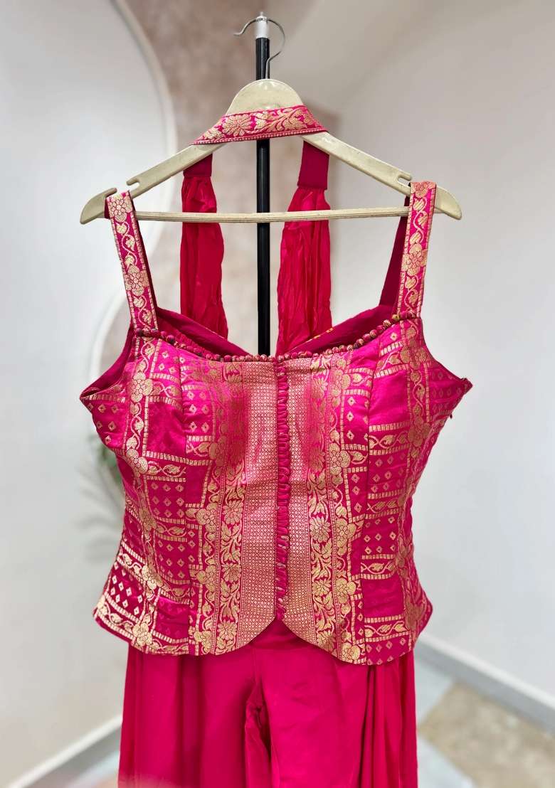 Hot Pink Indo Western in Pure with Hand Crepe Dress with Embroidery for Diwali | Wedding & Festive Wear - Indya