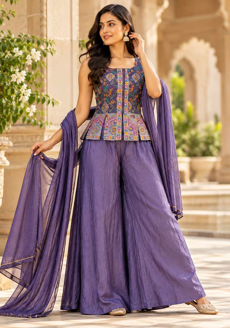 Lilac Indo Western in Pure with Hand Crepe Dress with Embroidery for Diwali | Wedding & Festive Wear - Indya