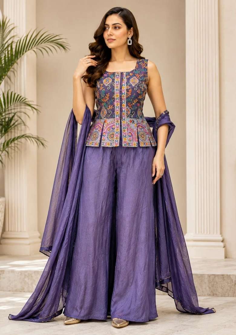 Lilac Indo Western in Pure with Hand Crepe Dress with Embroidery for Diwali | Wedding & Festive Wear - Indya