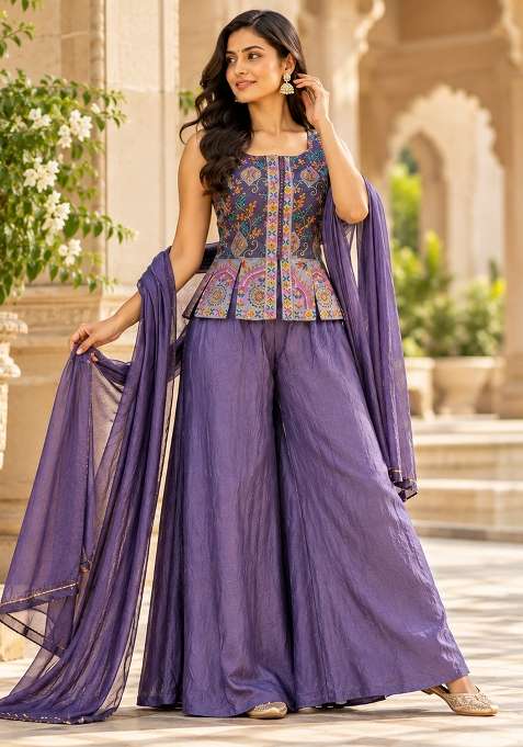 Lilac Indo Western in Pure with Hand Crepe Dress with Embroidery for Diwali | Wedding & Festive Wear
