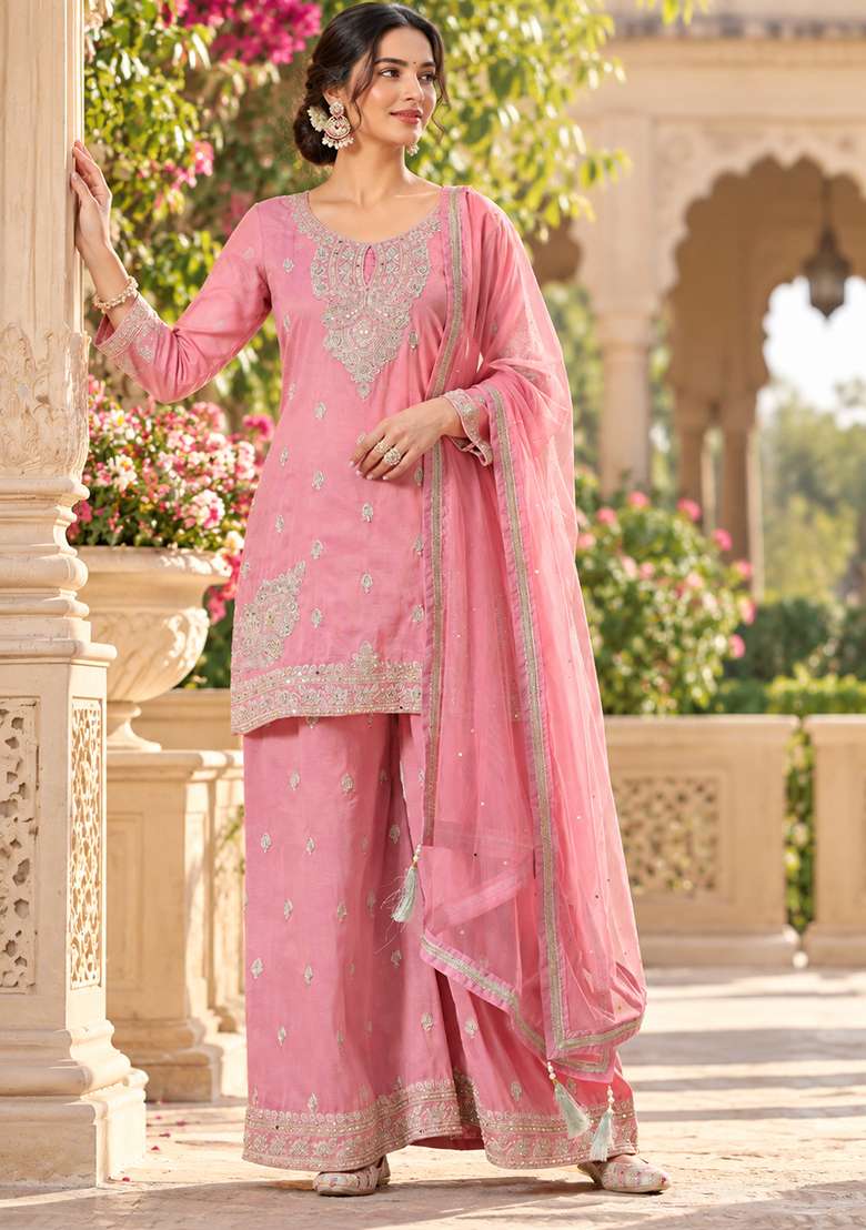 Rust Wine and Pink Sharara Set in Pure Tissue with Zari Zardozi Work and Silver Thread Embroidery - Indya