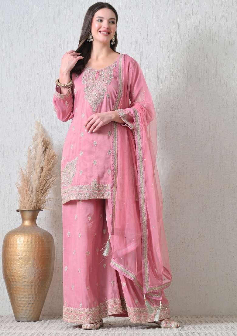 Rust Wine and Pink Sharara Set in Pure Tissue with Zari Zardozi Work and Silver Thread Embroidery - Indya