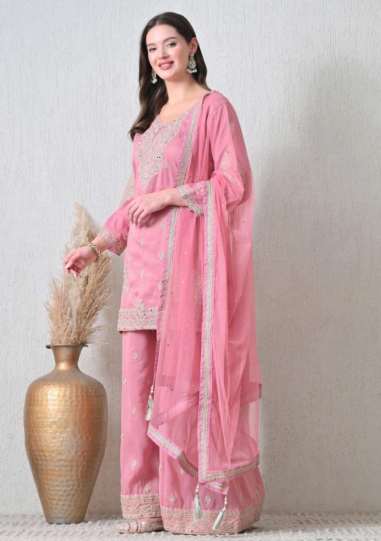 Rust Wine and Pink Sharara Set in Pure Tissue with Zari Zardozi Work and Silver Thread Embroidery - Indya