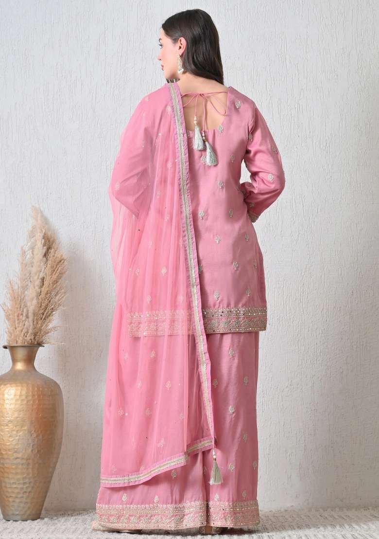 Rust Wine and Pink Sharara Set in Pure Tissue with Zari Zardozi Work and Silver Thread Embroidery - Indya