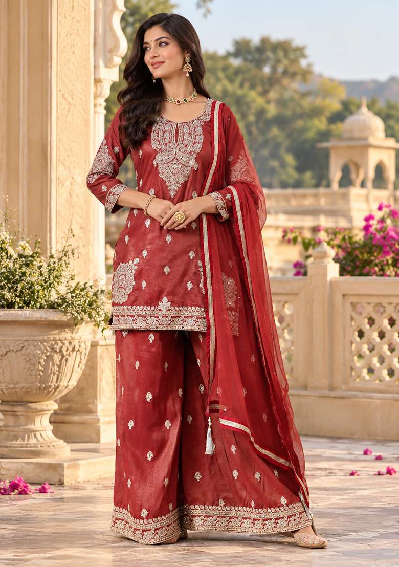 Maroon Sharara Set in Pure Tissue with Zari Zardozi Work and Silver Thread Embroidery - Indya