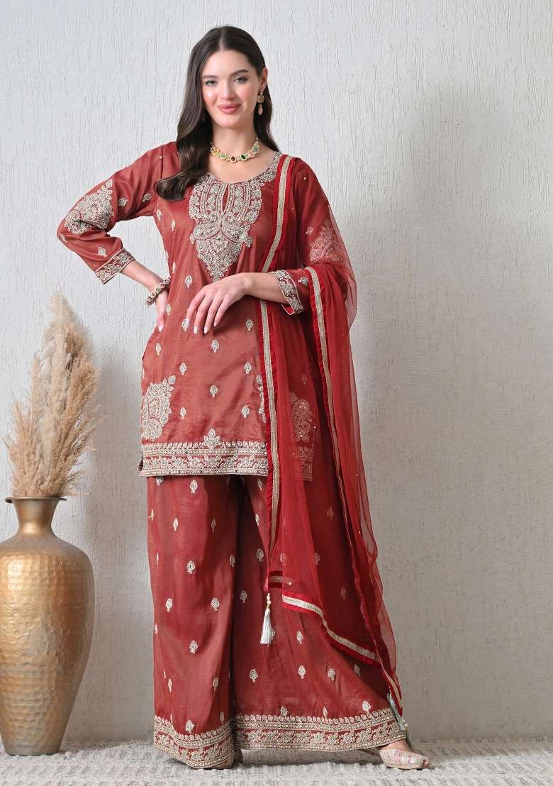 Maroon Sharara Set in Pure Tissue with Zari Zardozi Work and Silver Thread Embroidery - Indya