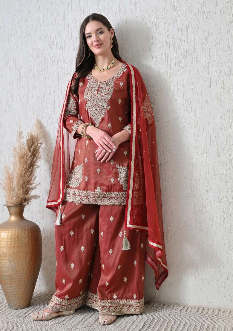 Maroon Sharara Set in Pure Tissue with Zari Zardozi Work and Silver Thread Embroidery - Indya