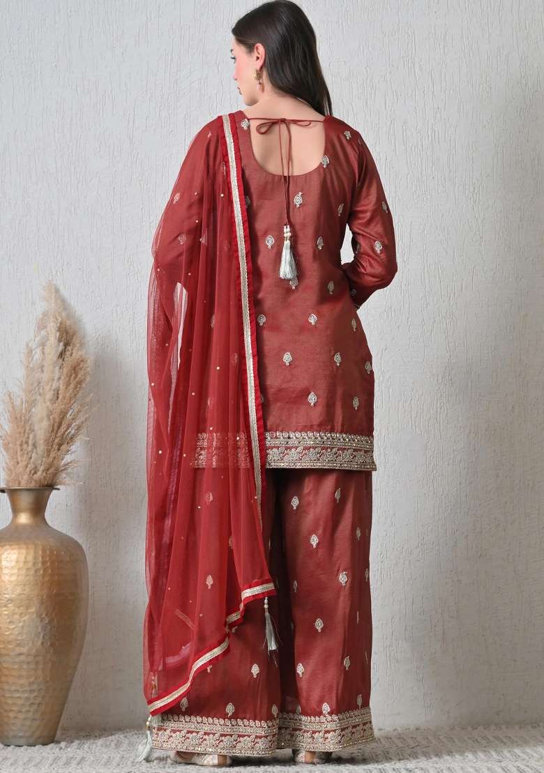 Maroon Sharara Set in Pure Tissue with Zari Zardozi Work and Silver Thread Embroidery - Indya
