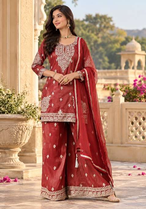 Maroon Sharara Set in Pure Tissue with Zari Zardozi Work and Silver Thread Embroidery