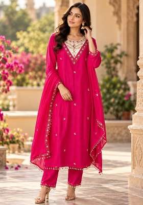 Hot Pink Kurta Pant Dupatta Set in Pure Chinon with Hand Embroidery and Embroidered Neckline