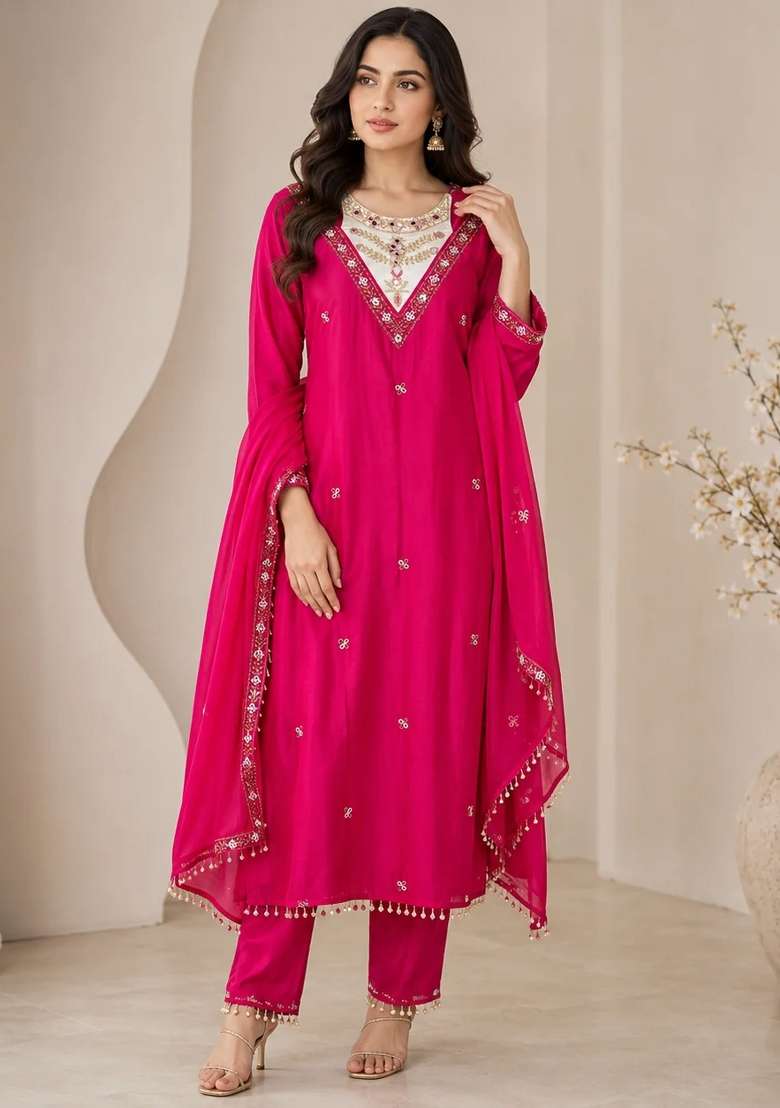 Hot Pink Kurta Pant Dupatta Set in Pure Chinon with Hand Embroidery and Embroidered Neckline - Indya