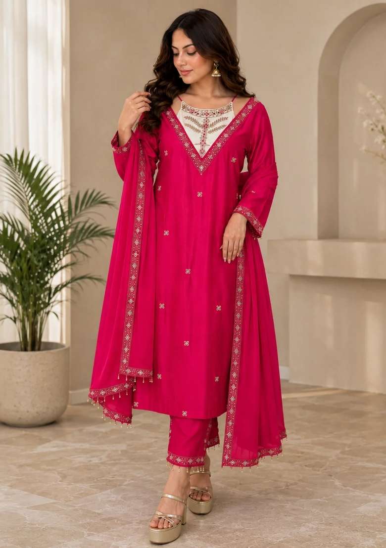 Hot Pink Kurta Pant Dupatta Set in Pure Chinon with Hand Embroidery and Embroidered Neckline - Indya