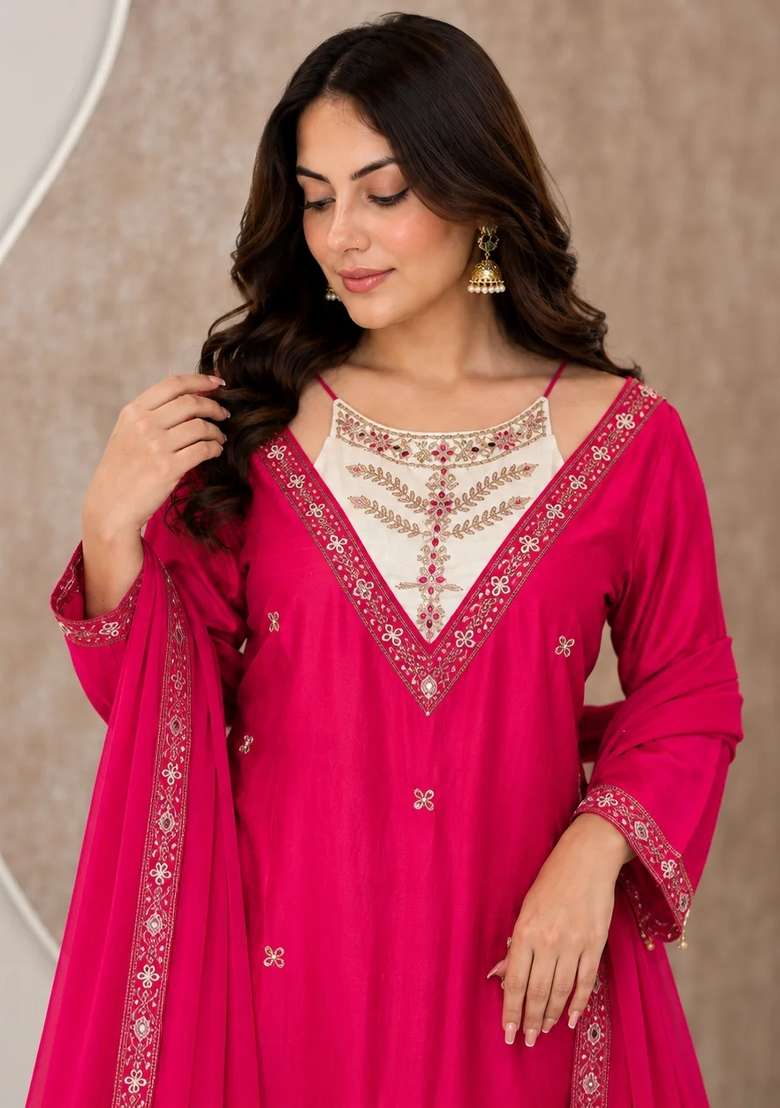 Hot Pink Kurta Pant Dupatta Set in Pure Chinon with Hand Embroidery and Embroidered Neckline - Indya